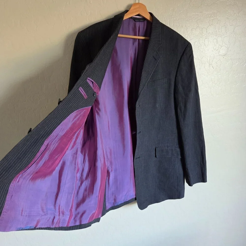 Banana Republic Vintage Y2K 100% Linen Pinstripe Blazer Black 44R Purple Lining